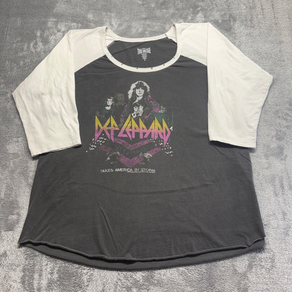 True Vintage Def Leppard Raglan Shirt Womens 5‎ Grey Good 1982 Tour Graphic Tee